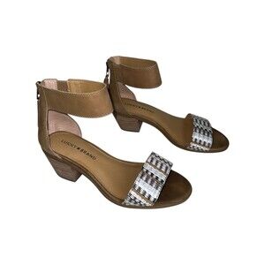 Lucky Brand Batima Sandals 7W Sesame Natural Multi Woven Ankle Strap Block Heel